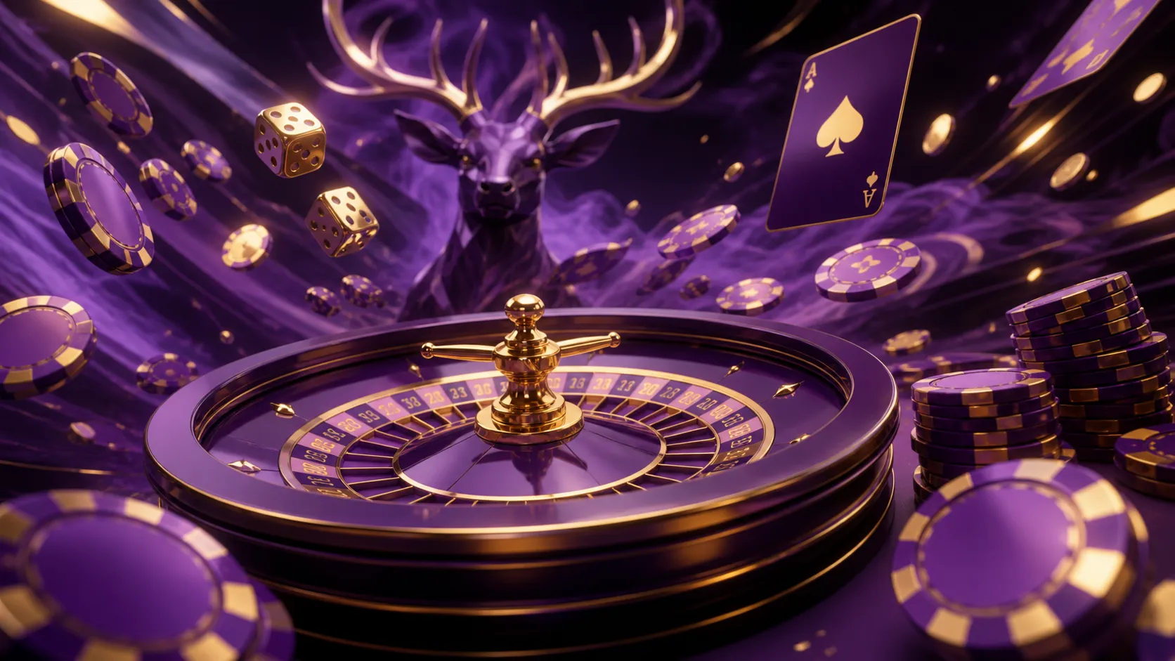 Luxurious Spinstag casino-themed banner featuring poker chips, dice, and roulette wheel with futuristic holographic glow.